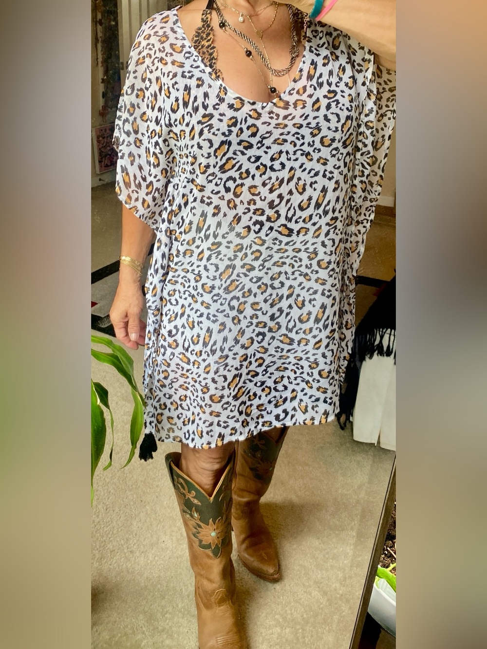 Leopard Print V-Neck Tunic Dress in White and Tan very versatile